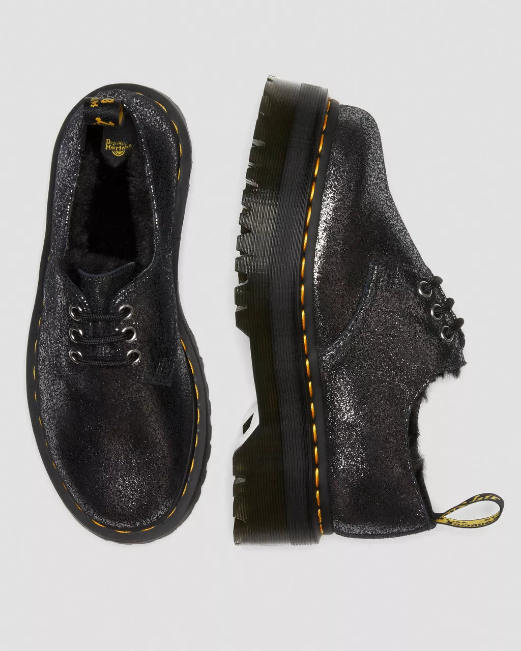 DR MARTENS 1461 Faux Fur-Lined Metallic Leather Platform Shoes
