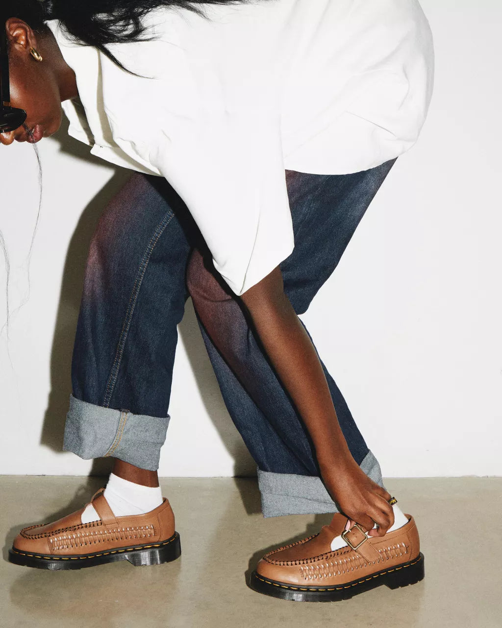 DR MARTENS Adrian T-Bar Woven Leather Mary Jane Shoes