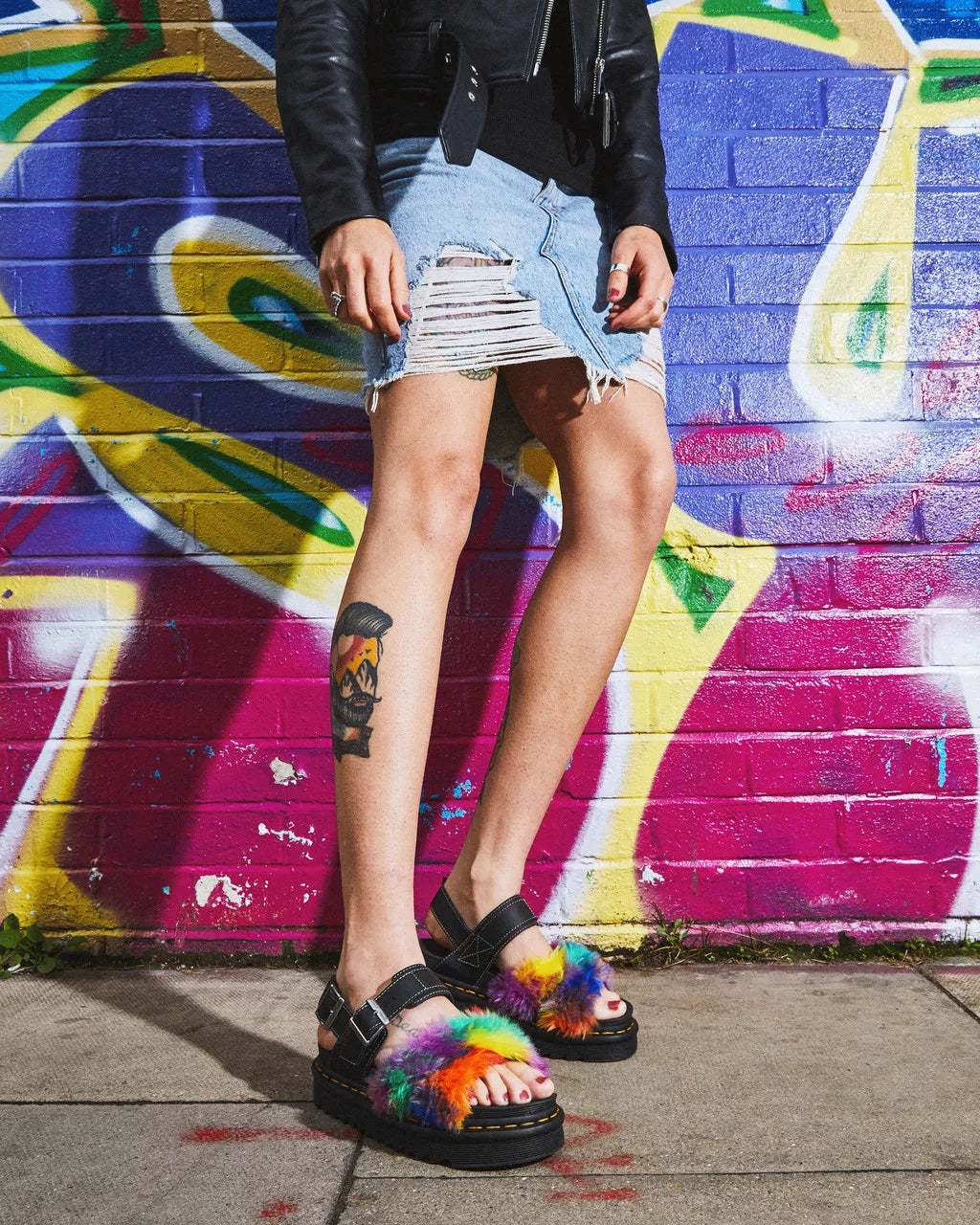 DR MARTENS Voss II Fluffy Faux Fur Leather Strap Sandals