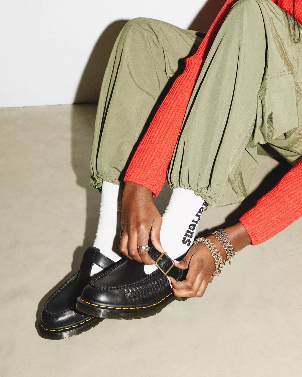 DR MARTENS Adrian T-Bar Woven Leather Mary Jane Shoes